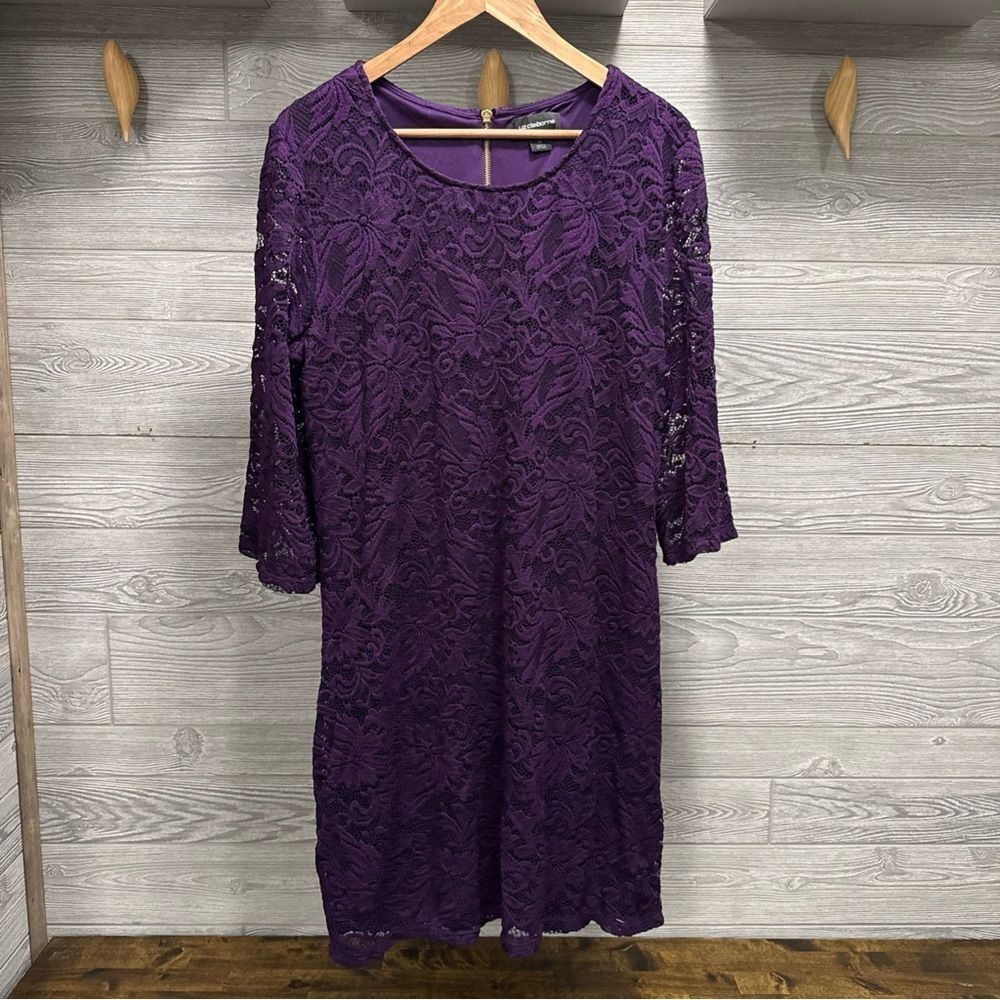Liz Claiborne Formal Lace Shift Dress Womens 16 Purple 3/4 Sleeve Wedding Guest
